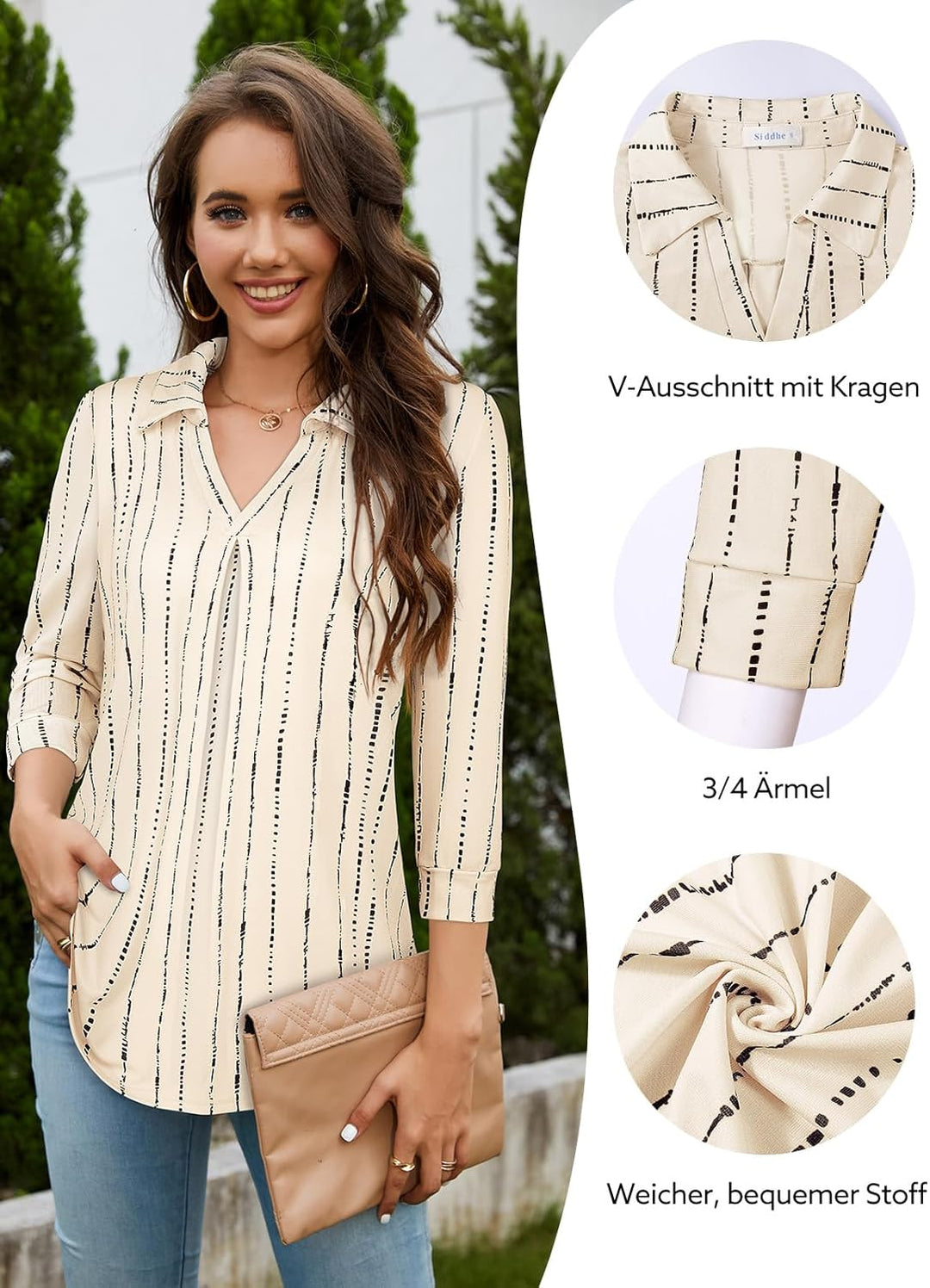 Siddhe Damen V-Ausschnitt Bluse 3/4 Ärmel Oberteile Tunika Tops Locker Longshirt Lässige T-Shirt Lan