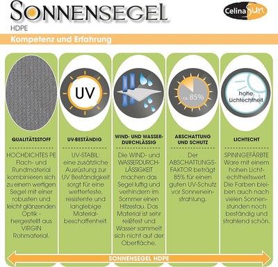 CelinaSun Sonnensegel inkl Befestigungsseile Premium HDPE wetterbeständig atmungsaktiv Rechteck 3,5