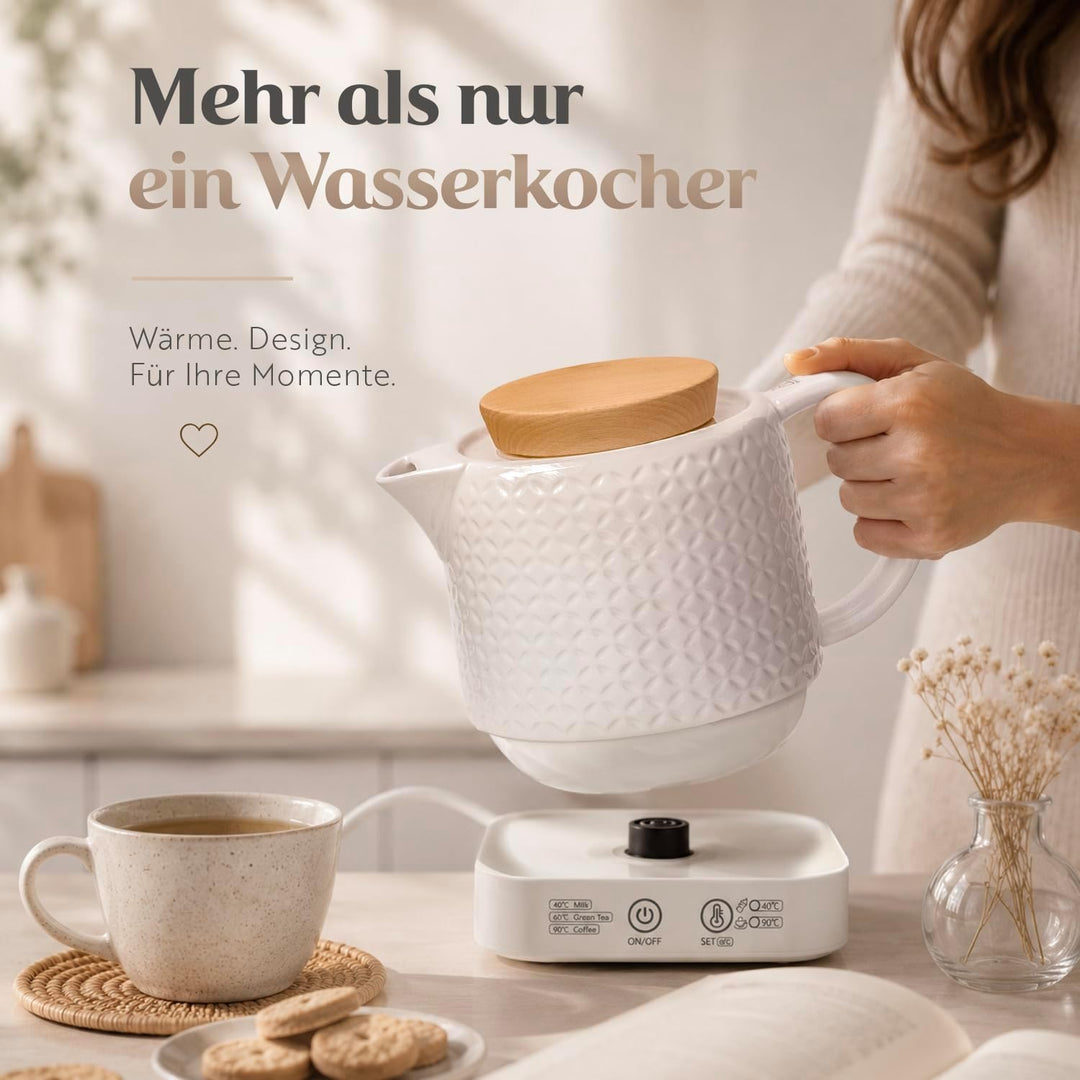 Elysium Wasserkocher Keramik 1L, elektrischer Wasserkocher mit Temperatureinstellung 40/60/90 °C, Wa