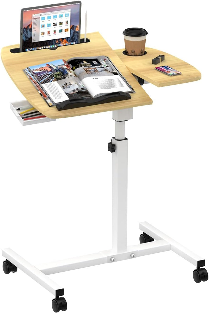 Laptoptisch höhenverstellbar, Mobiler Beistelltisch mit Schubladen, Mobiler Stehpult mit rollbar, Be