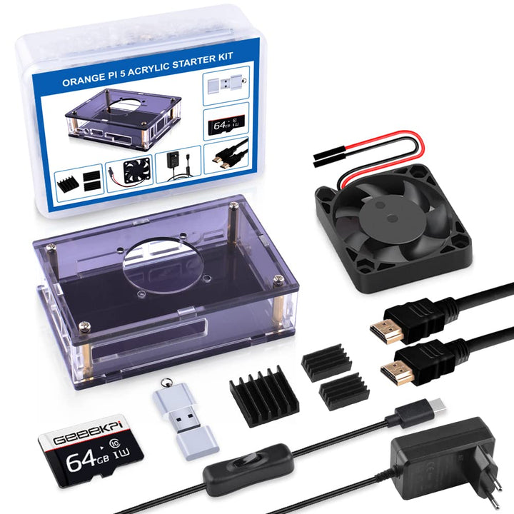 GeeekPi Orange Pi 5 Basic Starter Kit,Orange Pi 5 Case with 40mm Fan,Heatsinks,18W 5V 3.6A Power Sup