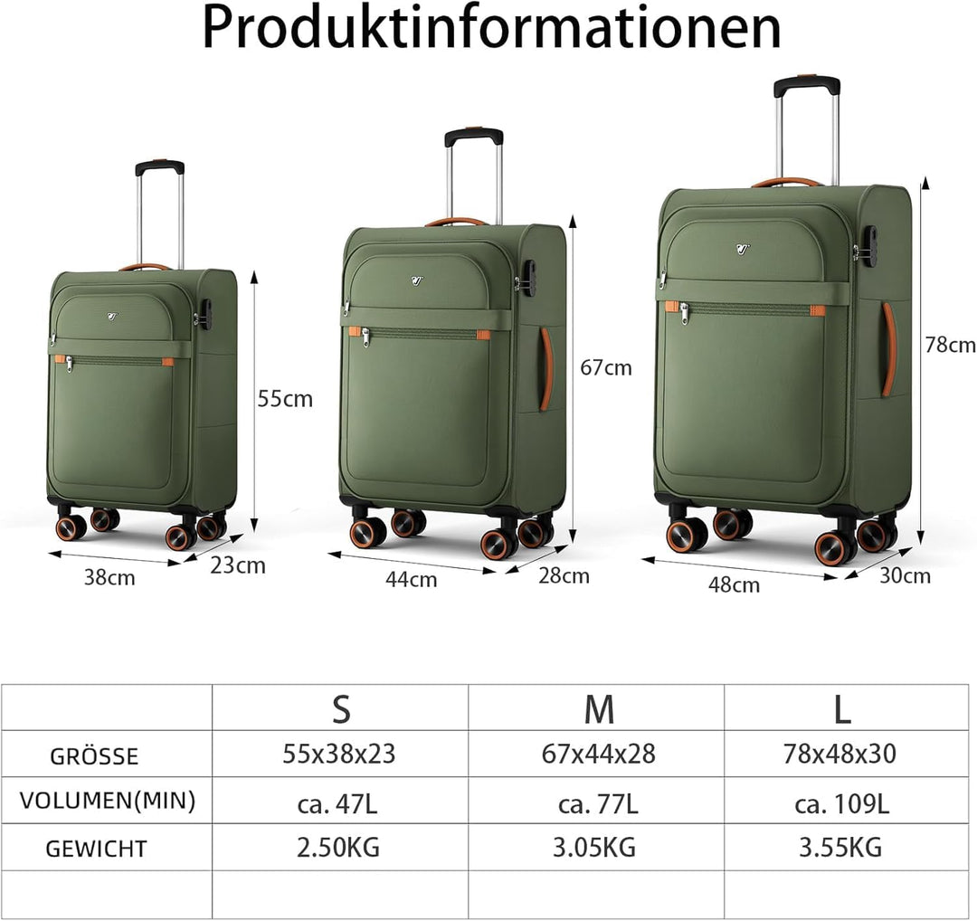Weichschalen Handgepäck Koffer - Stoff Reisekoffer 55x38x23cm Grün S, Grün S