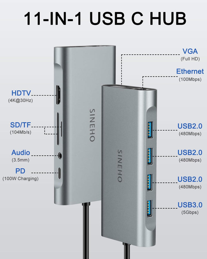 Docking Station USB C HUB, 11 in 1 USB C Adapter mit 4K HDMI, VGA, Ethernet, 4 USB Ports, SD/TF, 100