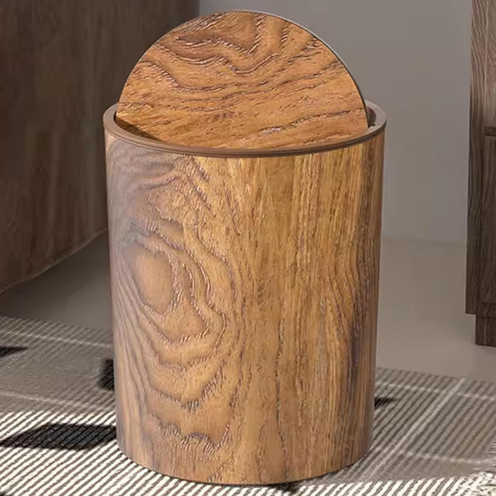 Retro-Mülleimer, Holzmaserung, kleiner Mülleimer mit Schwingdeckel, runder, wiederverwendbarer Abfal