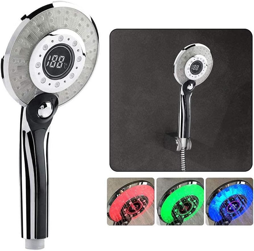 LED Duschkopf, Regendusche 3 Farben Farbwechsel Temperaturregelung, Handbrause mit Digital Temperatu
