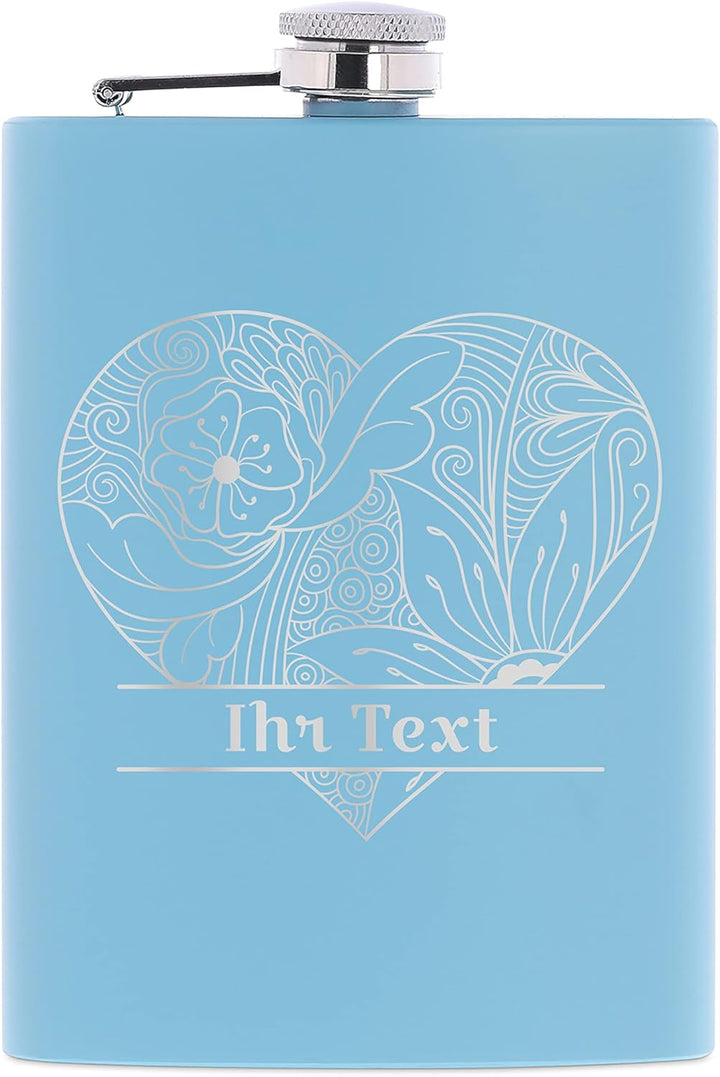 Edelstahl Flachmann Blau mit personalisierter Gravur – Motiv Herz – Geschenkverpackung – Taschenflas