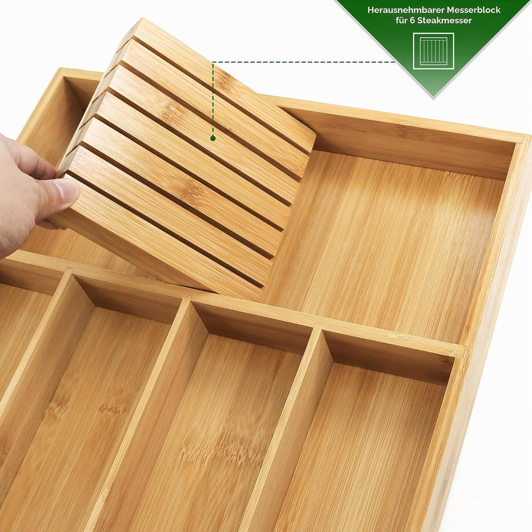 VaeFae Bambus-Besteck-Organizer, Utensilienhalter für Schublade, Holzbesteckablage mit Trennwand für