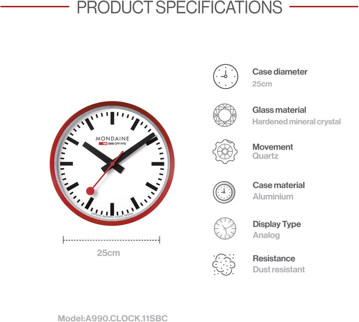 Mondaine - Wanduhr A990.Clock.11SBC 25cm - Bahnhofsuhr in Rot aus Aluminium mit rotem Sekundenzeiger