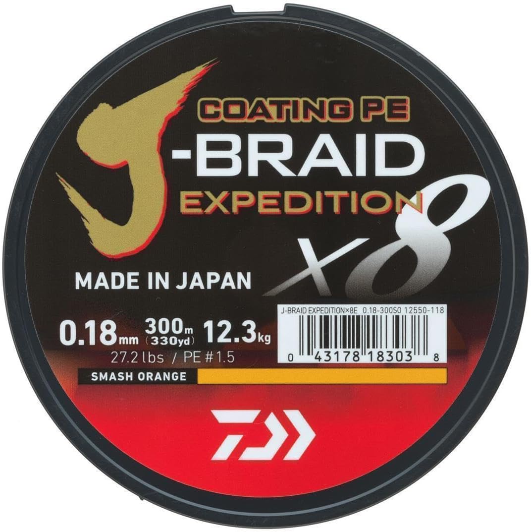 DAIWA J-Braid Expedition X8E, 300m, Smash Orange, Geflochtene Angelschnur 300m / 0,06mm / 5,2kg / 11
