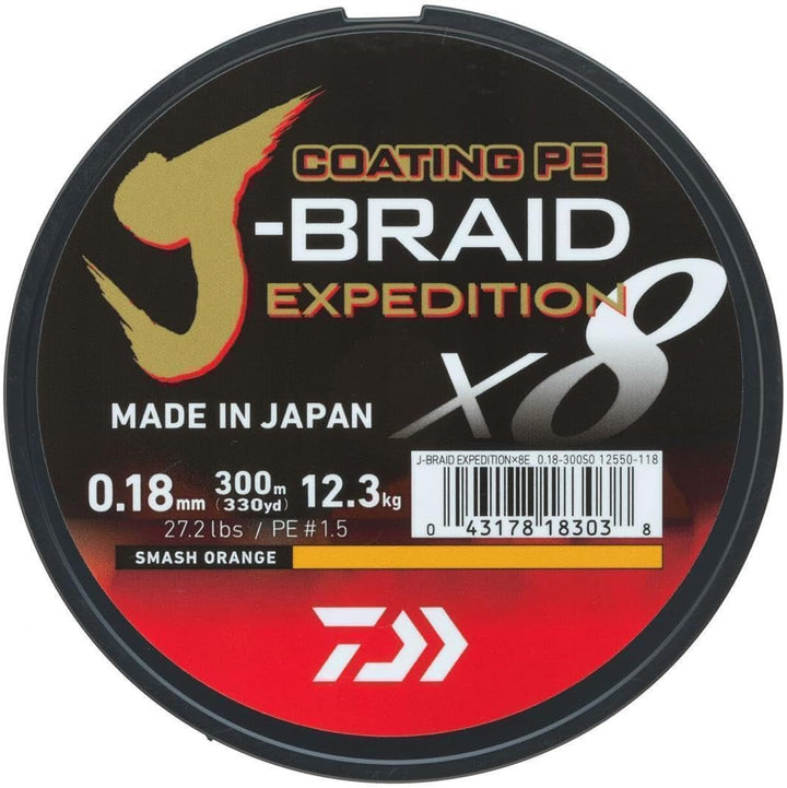 DAIWA J-Braid Expedition X8E, 300m, Smash Orange, Geflochtene Angelschnur 300m / 0,06mm / 5,2kg / 11