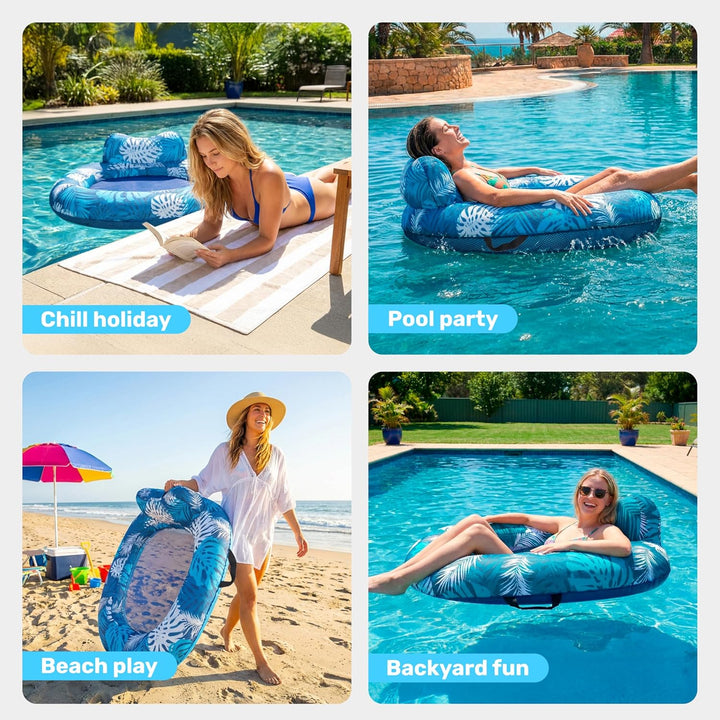 SLOOSH Aufblasbares Wasser-Pool-Luftbett für Erwachsene mit blauen Blättern–1 tropischer Blatt-Schwi