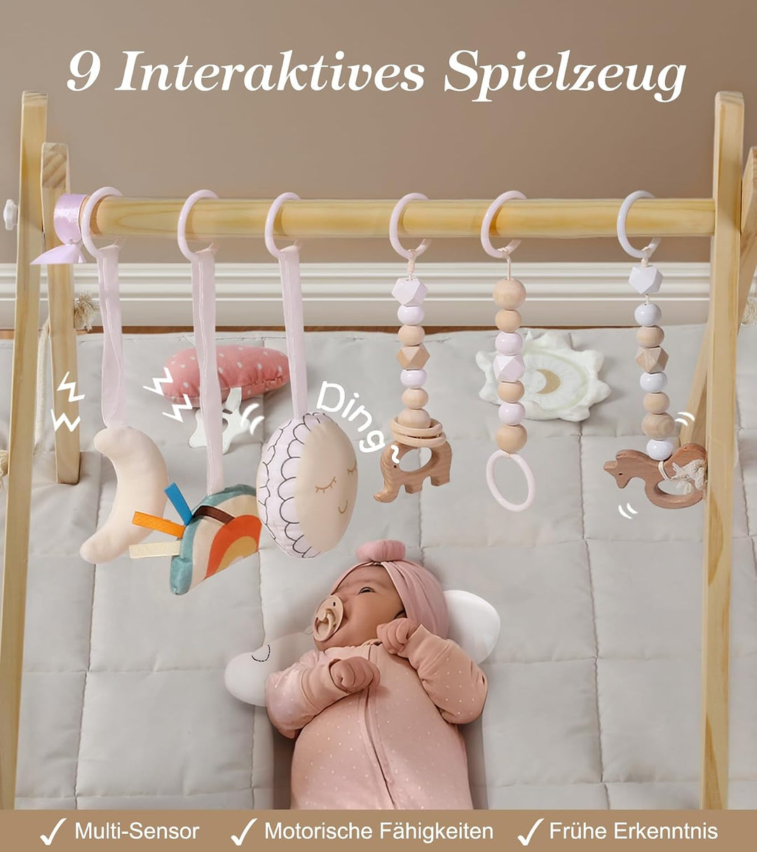 Mallify Baby Spielbogen mit Matte, Holzspielzeug mit 9 Sensorischen Spielzeugen, Faltbares Baby-Spie