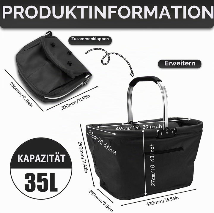 GAESHOW Einkaufskorb Faltbar 35L, Picknickkorb mit Gepolsterten Griffen, Tragekorb mit Aluminiumrahm