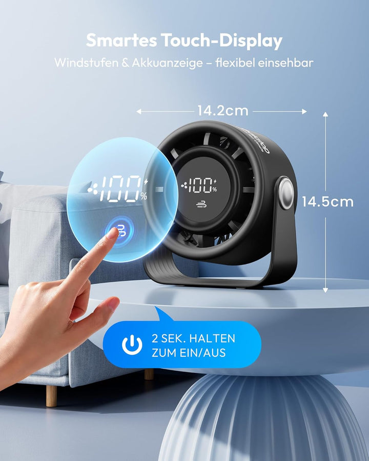 Gaiatop USB Ventilator Klein Leise, Akku Tischventilator mit 5 Stufen & Kraftvoller Luftstrom, Touch