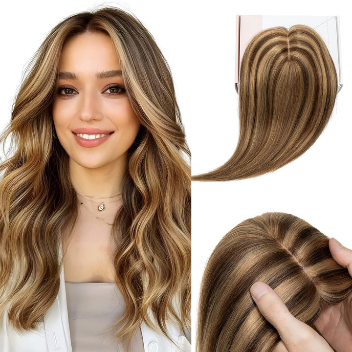 Elailite Echthaar Topper, Clip in Toupet, Frauen Seide Basis Clip in Haarteil, 130% Dichte Remy Silk