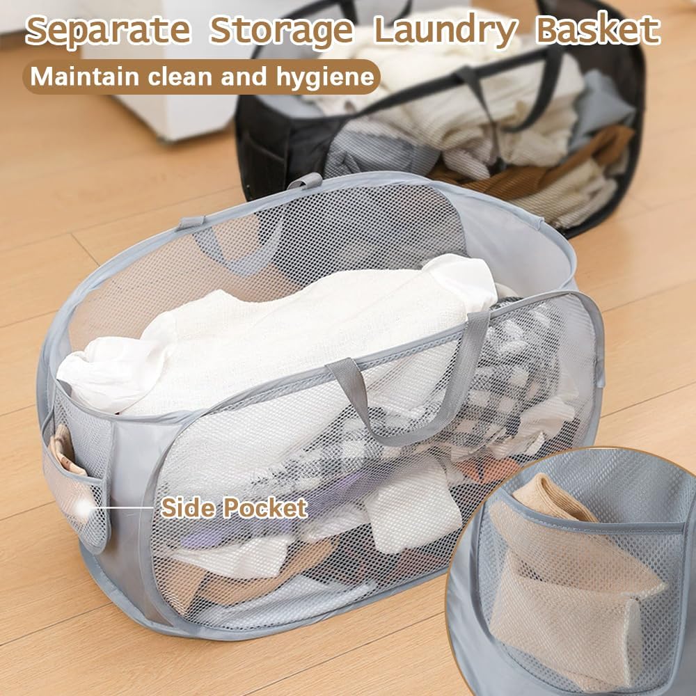 4Pcs Mesh Falten Wäschekörbe, 75L grosse Pop-up Wäsche Hamper Bins zusammenklappbar mit Griffen und