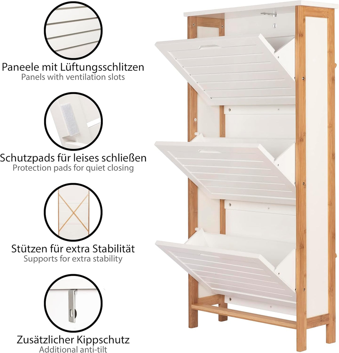ONVAYA® Bambus Schuhkipper in Weiss | Platzsparender Schuhkipper mit 3 Klappen | Schmaler Schuhschra