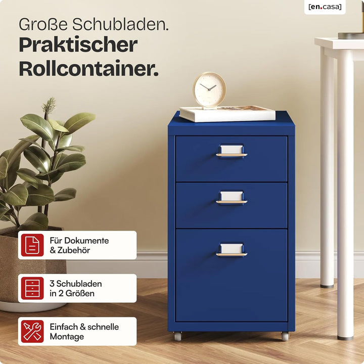 [en.casa] Rollcontainer Kökar Schubladenschrank Metall Aktenschrank mit 3 Schubladen Bürowagen mit R