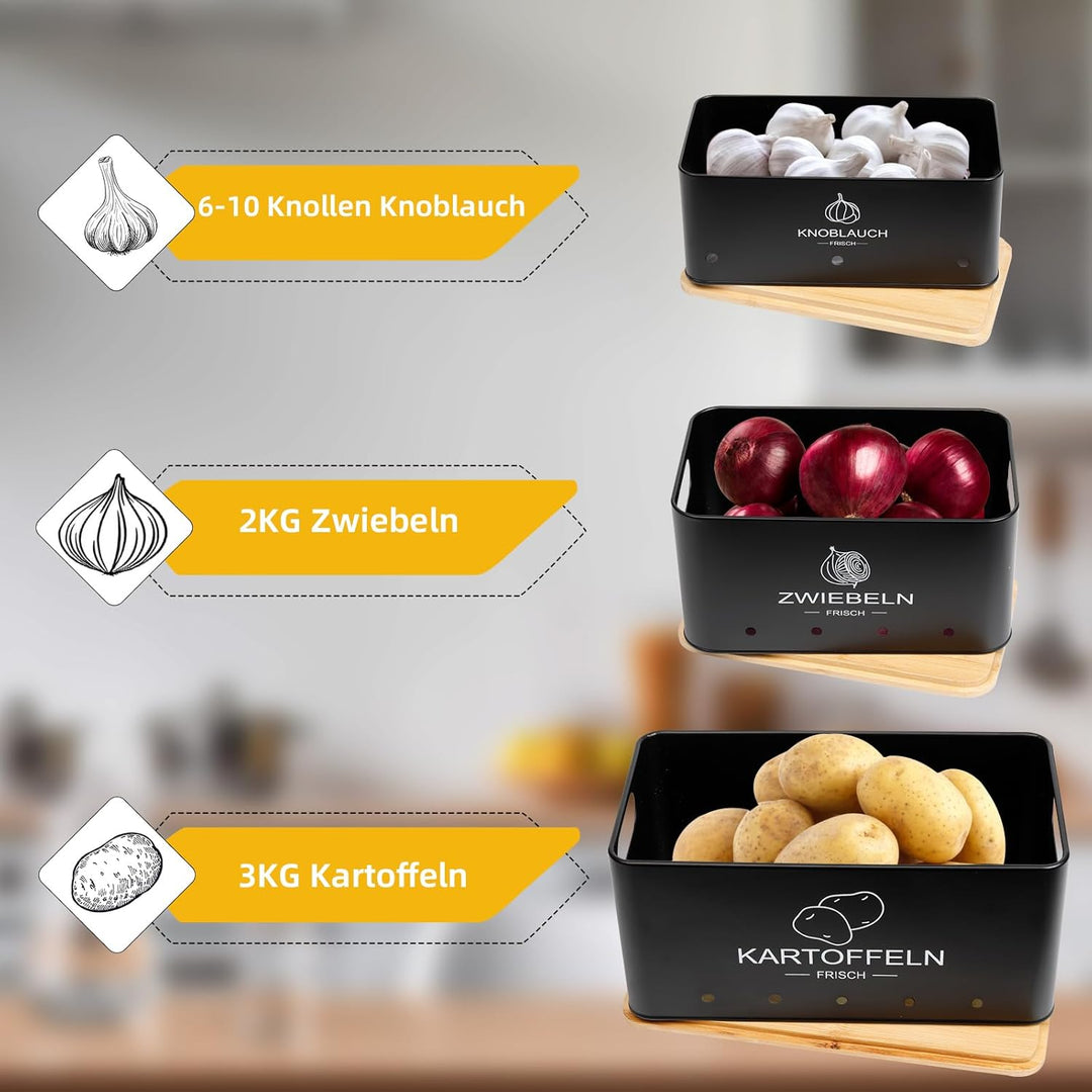 3er Set Kartoffel Aufbewahrungsbox Schwarz - Rechteckiger - Kartoffel Zwiebel Knoblauch Aufbewahrung