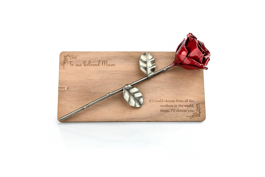 Forging Art Bcn Rose aus Schmiedeeisen auf Holzrahmen mit personalisierter Gravur (Walnuss), Walnuss