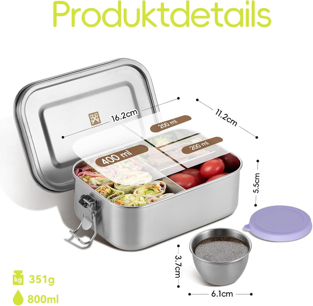 GOLDEN KEY Edelstahl Brotdose kinder,Lunchbox Edelstahl 800ml mit Fächern &amp; Dichtung,bento box edels