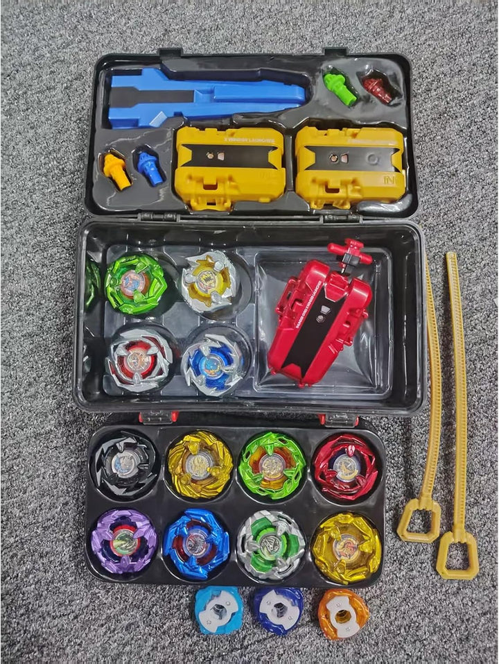Battling Tops, 12 Kreisel, 3 Werfer, 1 Griff, 3 Mittelringe und 4 Basen, mit Aufbewahrungsbox, Gebur
