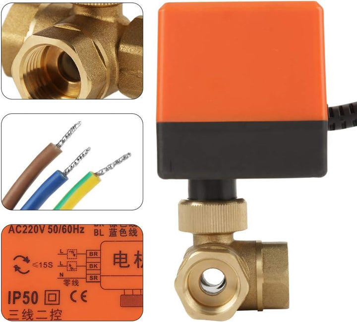 G1/2 "DN15 Messing motorisierter Kugelhahn, elektrischer 3-Wege-220-V-Wechselstrom-Kugelhahn zur Dur