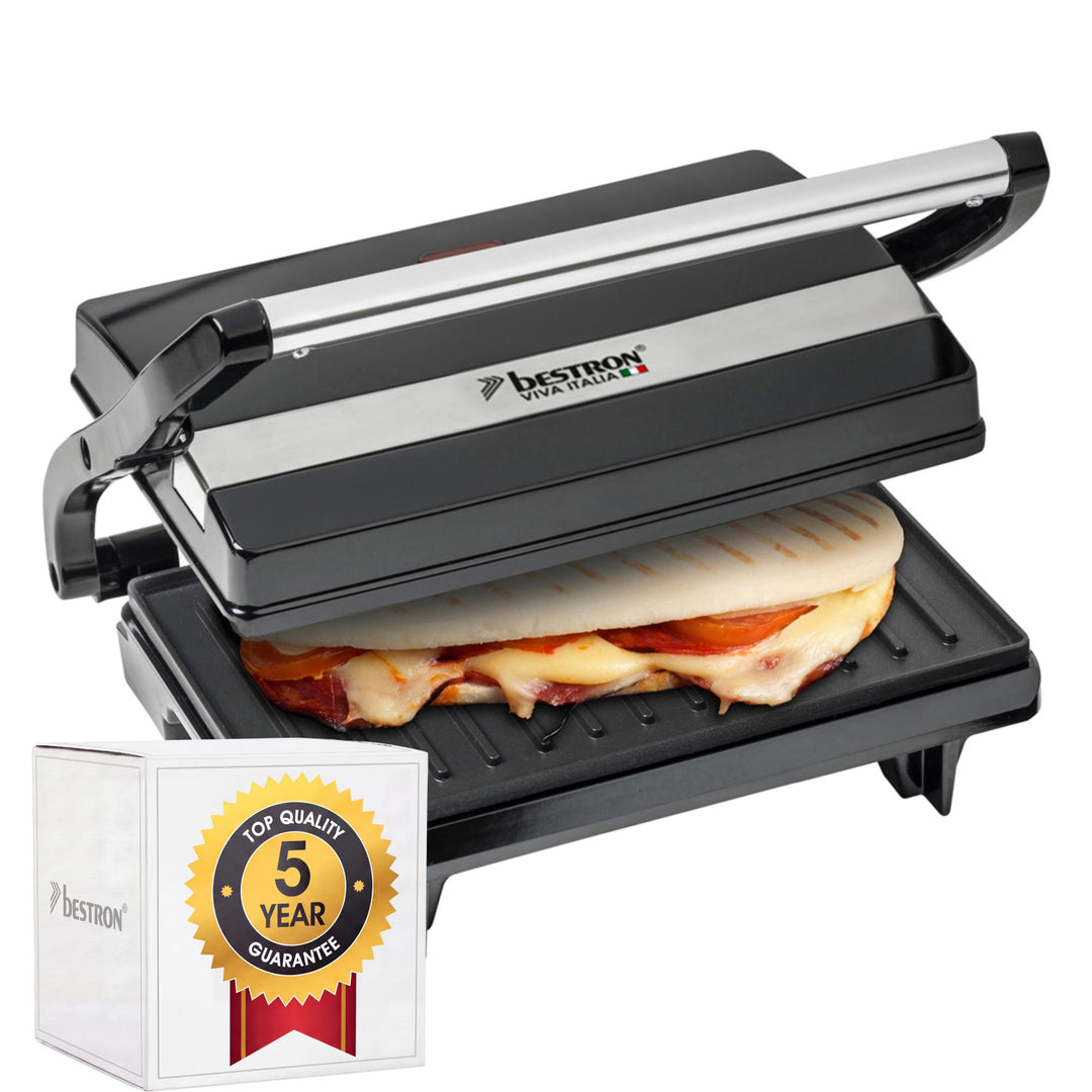 Bestron elektrischer Kontaktgrill mit Auffangschale, Sandwichmaker mit Cool-Touch-Handgriff, Paninim