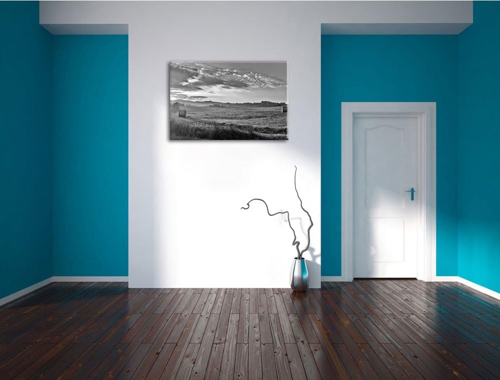 Feld mit Heuballen schwarz/weiss Format: 100x70 auf Leinwand, XXL riesige Bilder fertig gerahmt mit