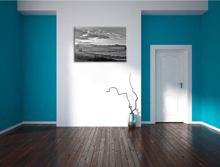 Feld mit Heuballen schwarz/weiss Format: 100x70 auf Leinwand, XXL riesige Bilder fertig gerahmt mit