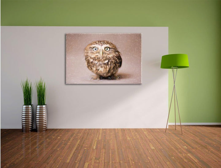 Pixxprint Niedliche Nachteule mit süssem Blick Kunst Buntstift Effekt, Format: 100x70 auf Leinwand,