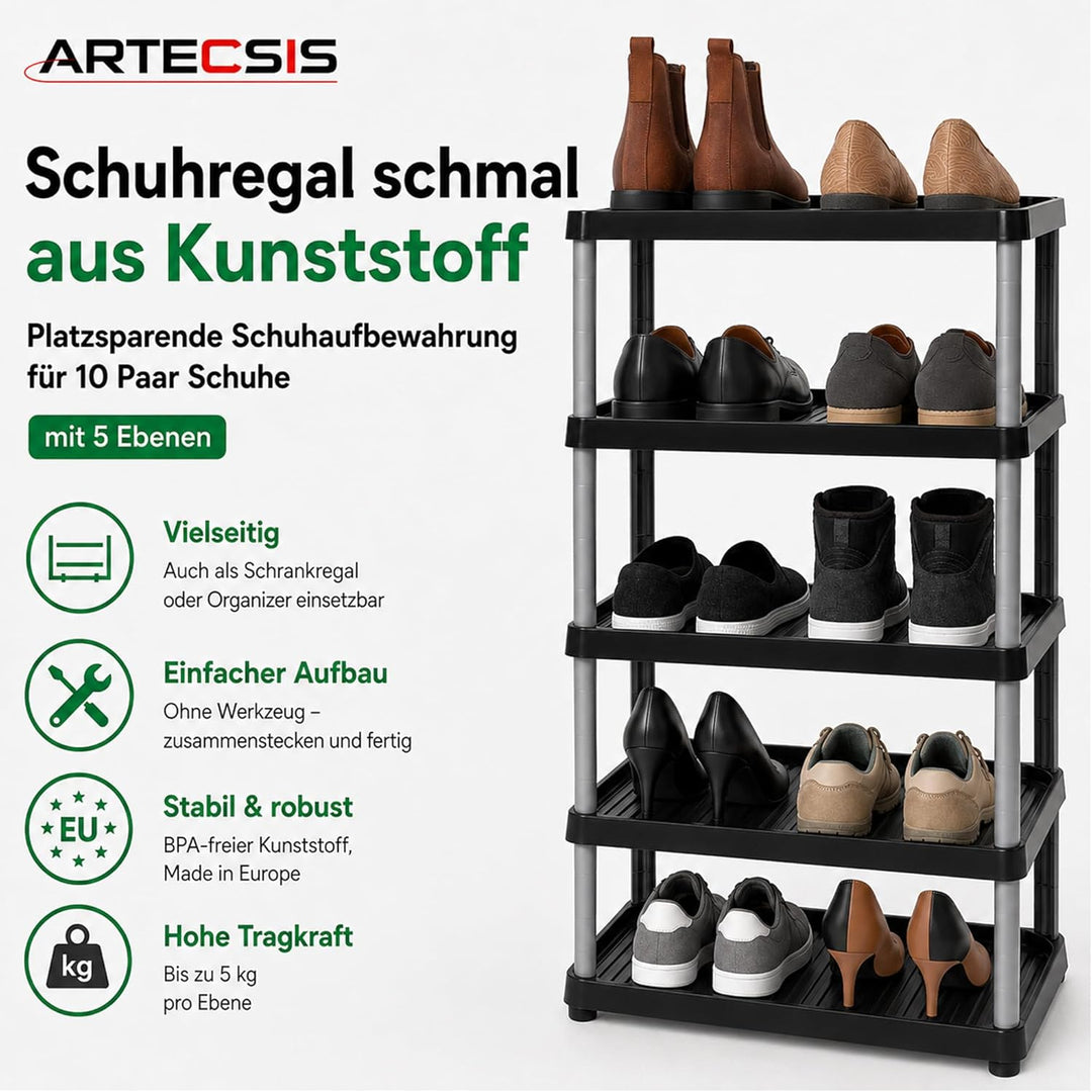 ARTECSIS Schuhregal schmal 5 Ebenen Schwarz I Schuhablage aus Kunststoff 49,5x34,5x82,5cm, 5 Ebenen