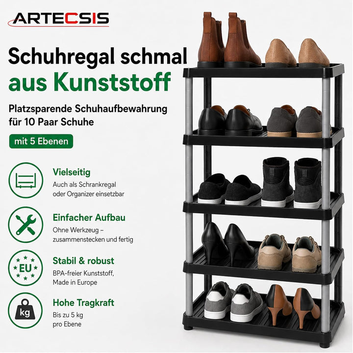 ARTECSIS Schuhregal schmal 5 Ebenen Schwarz I Schuhablage aus Kunststoff 49,5x34,5x82,5cm, 5 Ebenen