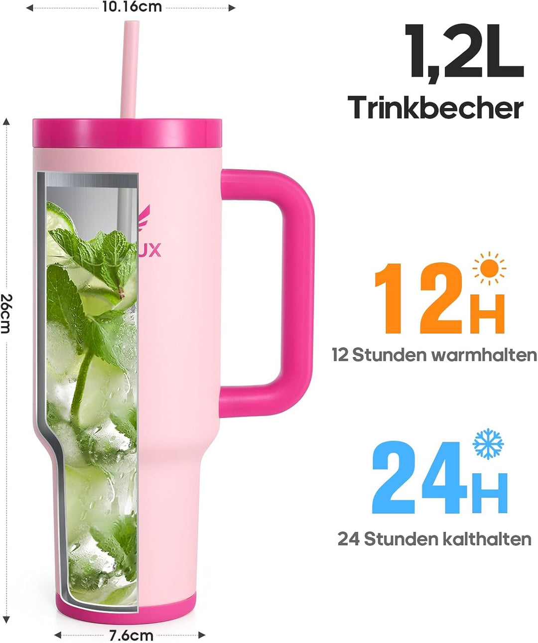 Trinkflasche mit Strohhalm 1.2L - Thermobecher mit Henkel auslaufsicher - Doppelwandige Vakuumisolie