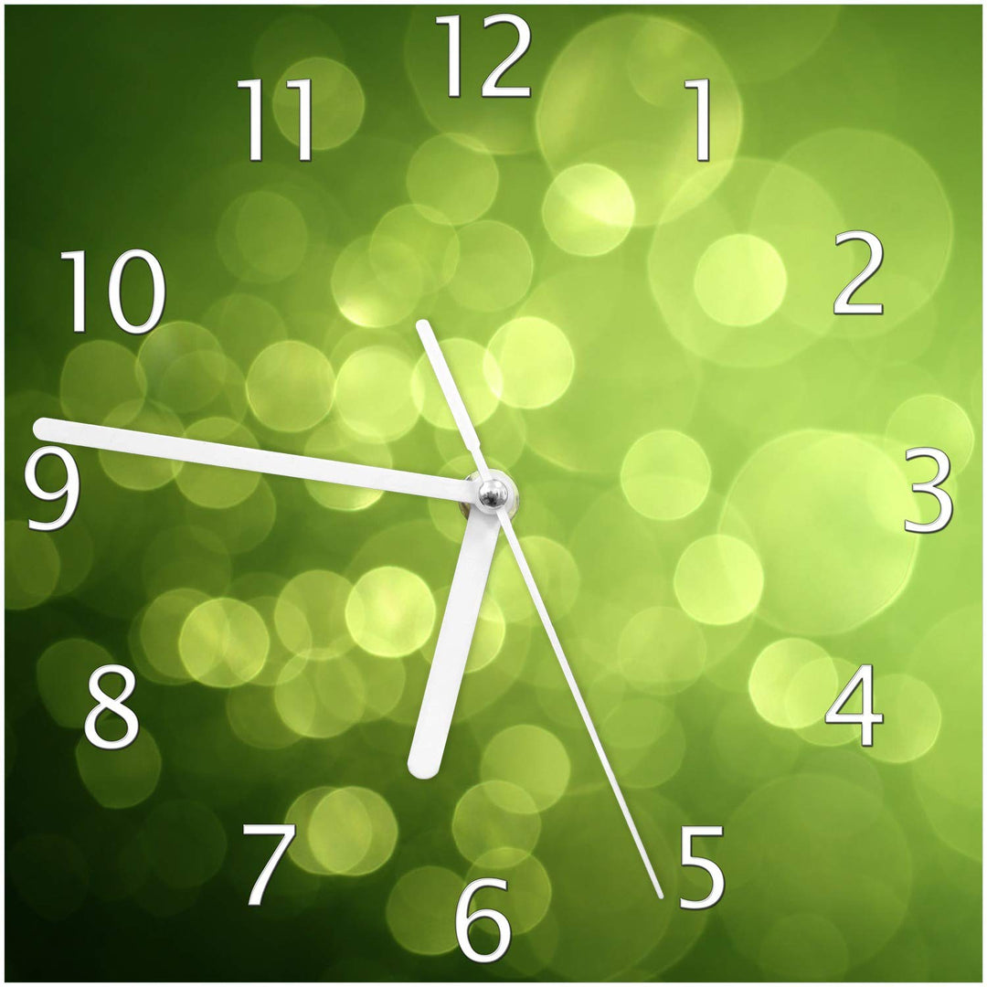 Wallario Design-Wanduhr Abstrakte grüne Kreise grüne Lichtpunkte aus Glas, Motiv-Uhr Grösse 20 x 20