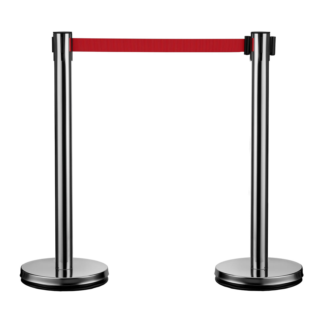 Wiltec mobile Absperrpfosten 32 x 7 x 90 cm in Silberfarben, rotes 200 cm Zugband, Absperrständer au