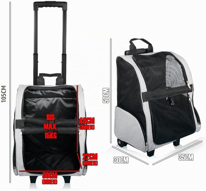 2IN1 Transporttasche mit Rollen bis 15kg Rucksack Trolley Hund Katze Hunderucksack Tasche (Melange-G