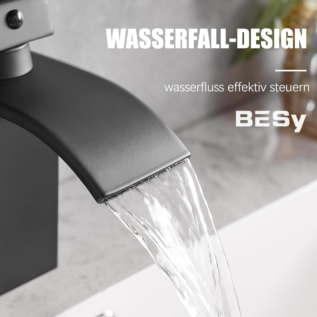 BESy Wasserfall Waschtischarmatur aus Edelstahl, Waschbecken Wasserhahn mit Auslauf Höhe 82mm, Einhe