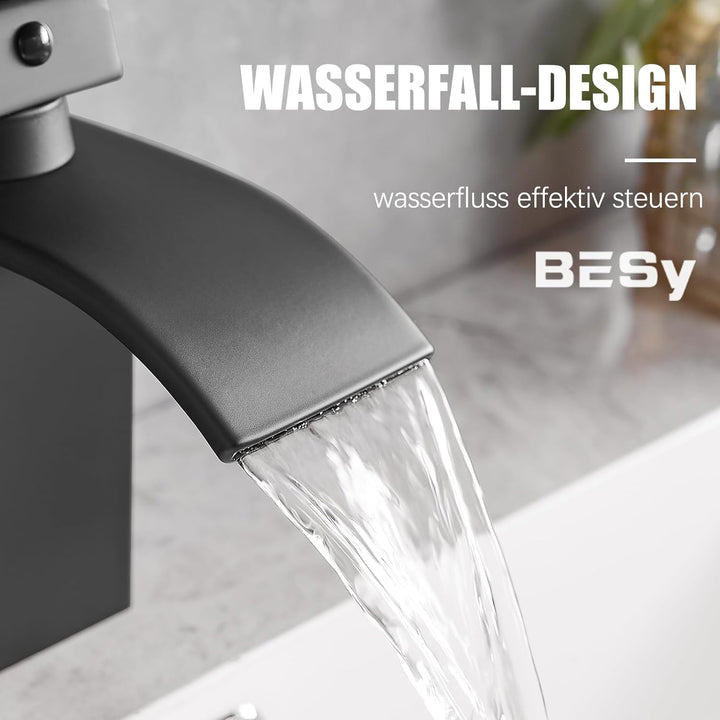 BESy Wasserfall Waschtischarmatur aus Edelstahl, Waschbecken Wasserhahn mit Auslauf Höhe 82mm, Einhe
