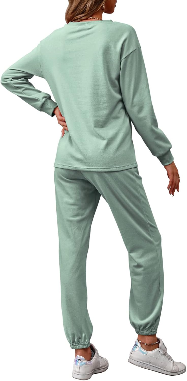 REORIA Damen Tracksuit Langarm Rundhalsausschnitt Einfarbig Zweiteiler Outfit Hoodie Jogger Training