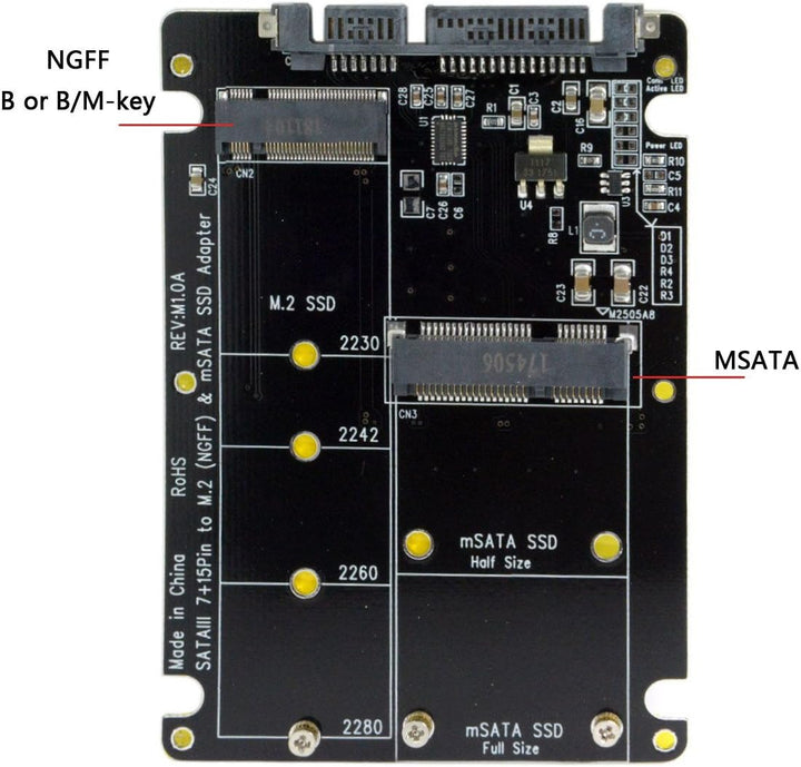 Cablecc 2-in-1-Kombo M.2 NGFF B-Schlüssel & mSATA SSD zu SATA 3.0 Adapter-Konverter, Gehäuse. ohne S