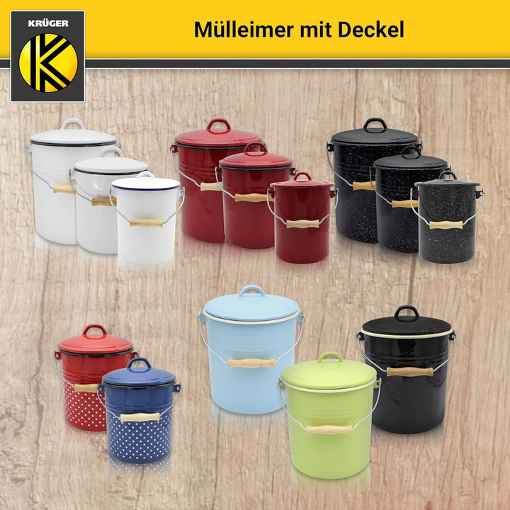 KRÜGER Mülleimer mit Deckel - Stahl Abfalleimer mit Emaille-Beschichtung und Holzgriff - schnitt- un