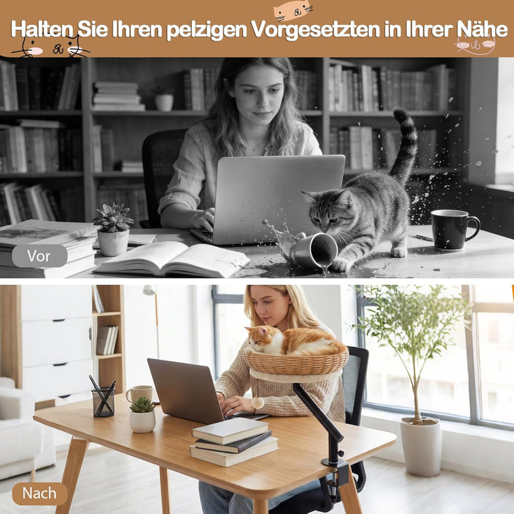 COSTWAY Katzenbett für Schreibtisch, Katzenkorb aus PE-Rattan, 360° drehbar, Katzen Schreibtischbett