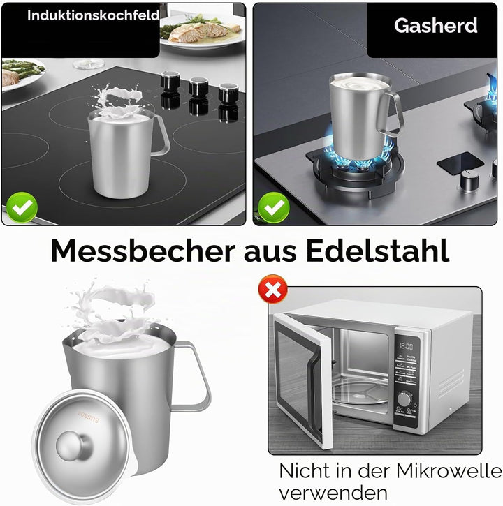 1000ml Milchkännchen mit Feiner Graduierung Deckel Messbecher Edelstahl Milk Pitcher Milchkanne Edel