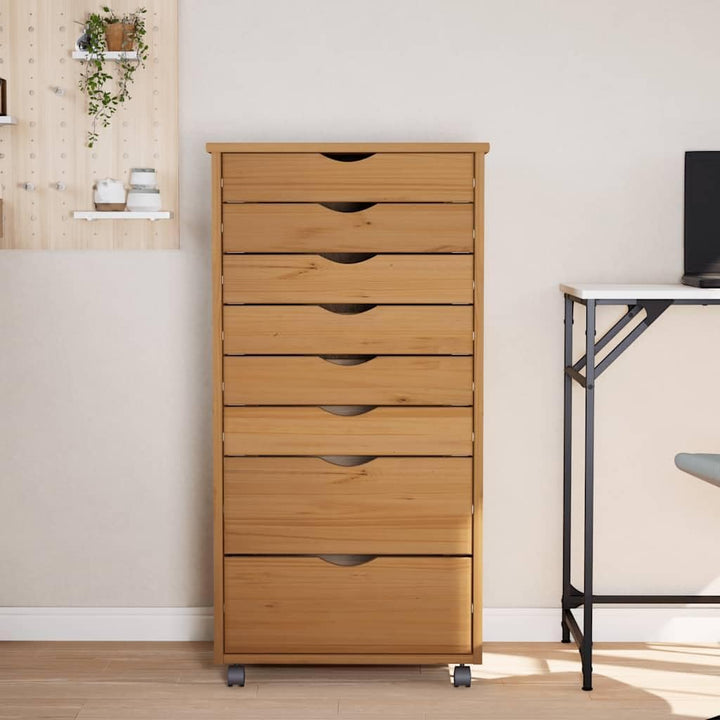 Rollschrank mit Schubladen Moss Honigbraun Massivholz Kiefer Rollcontainer mit 8 Schubladen, Mobiler