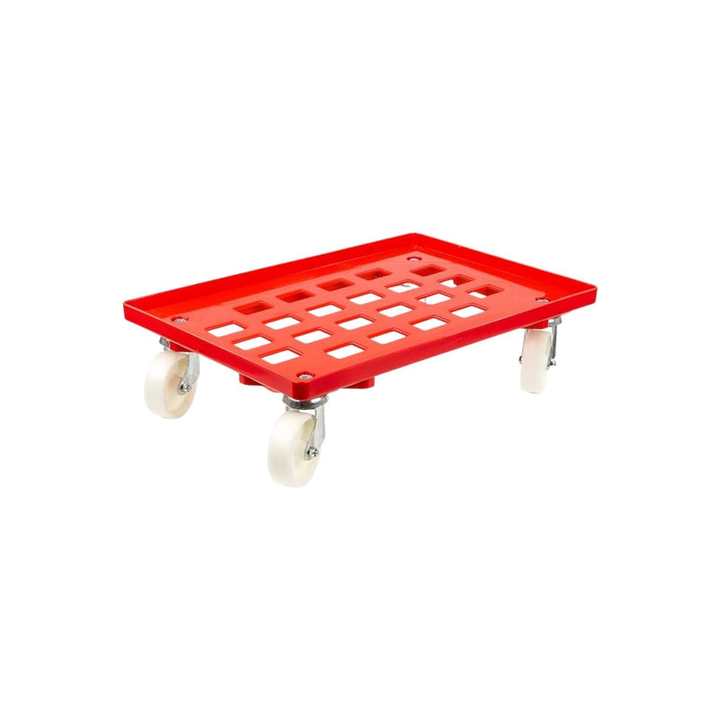 Transportroller für Euroboxen 60x40cm mit Kunststoffräder rot | Gitter/Rasterdeck | 2 Lenkrollen & 2