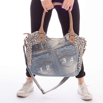 Sunsa Damen Nachhaltige Handtasche aus recycelte Jeans Canvas & Leder. Vintage Still grosse Schulter