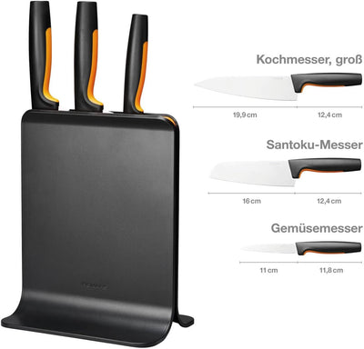 Fiskars Design-Messerblock mit 3 Messern, Functional Form, Inklusive Gemüsemesser, Santoku Kochmesse