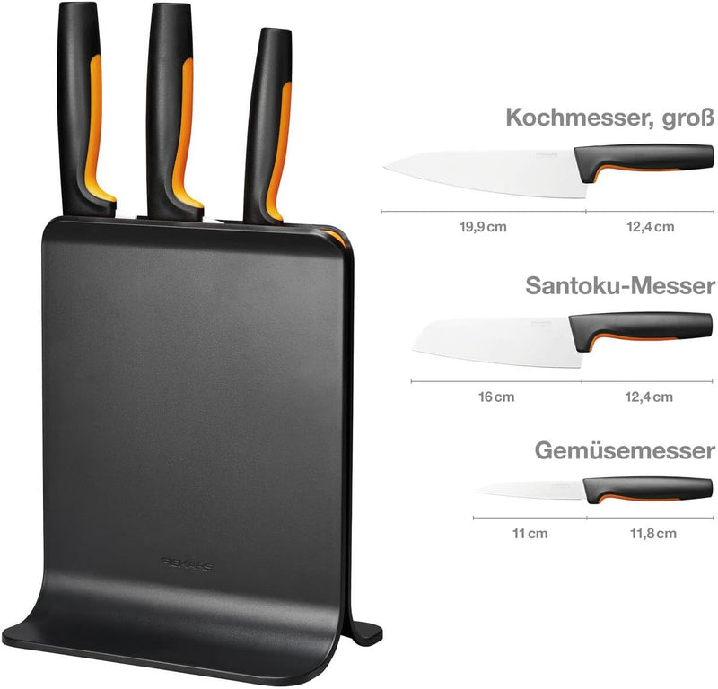 Fiskars Design-Messerblock mit 3 Messern, Functional Form, Inklusive Gemüsemesser, Santoku Kochmesse