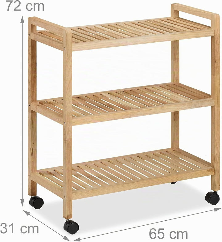 Relaxdays Badregal, Holz, HxBxT: 72 x 65 x 31 cm, Holzregal mit Rollen, 3 Ablagen, Regal für Badezim